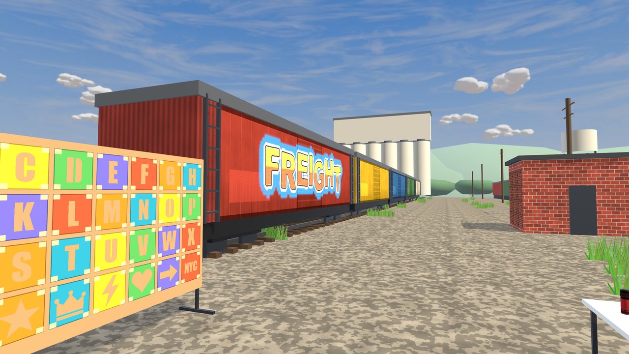 A graffiti piece reading FREIGHT on the side of a red boxcar in a sunny rail yard