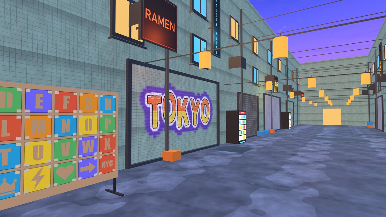 A graffiti piece reading TOKYO on a tiled wall in a neon lit alley